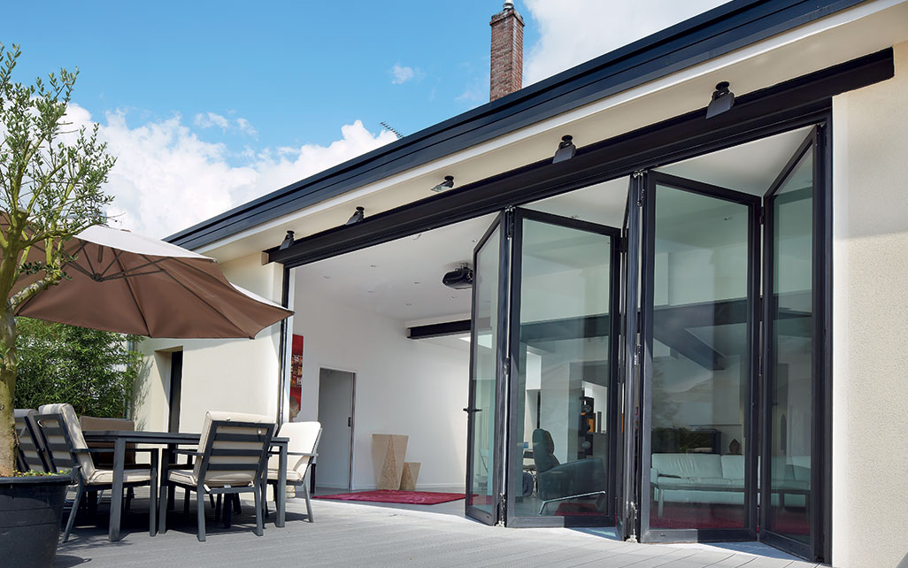 Modern and unique sliding-folding aluminum glass doors.