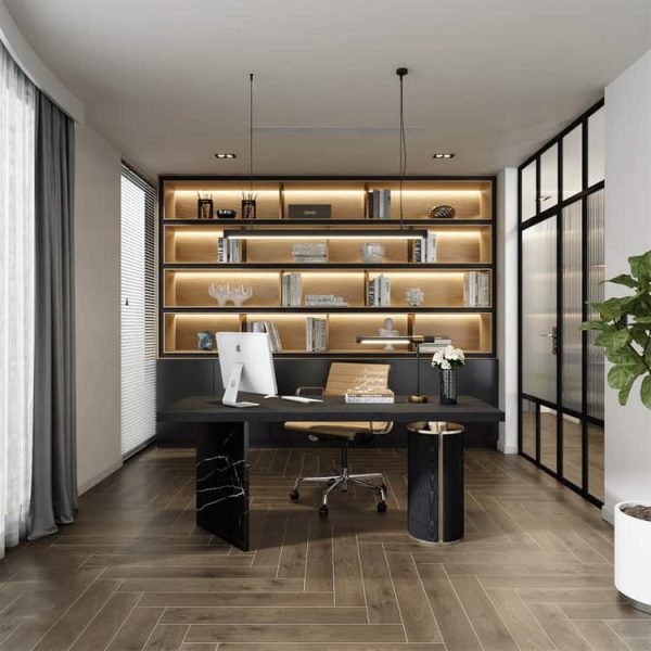 A private home office space with frosted aluminum glass partition system